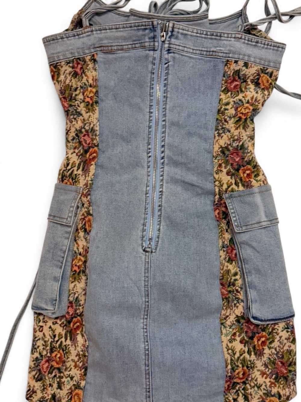 Light Blue Denim Floral-Panel Women's Dress with Front Zip